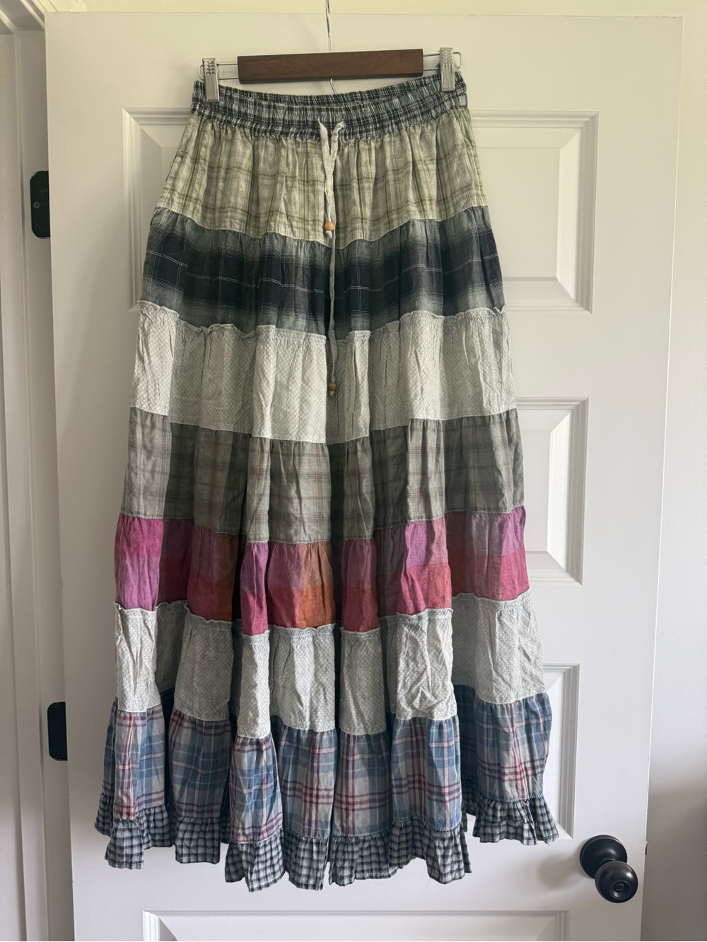 Young Threads Vintage Boho Vibes Plaid Crinkled Tiered Maxi Skirt NWT